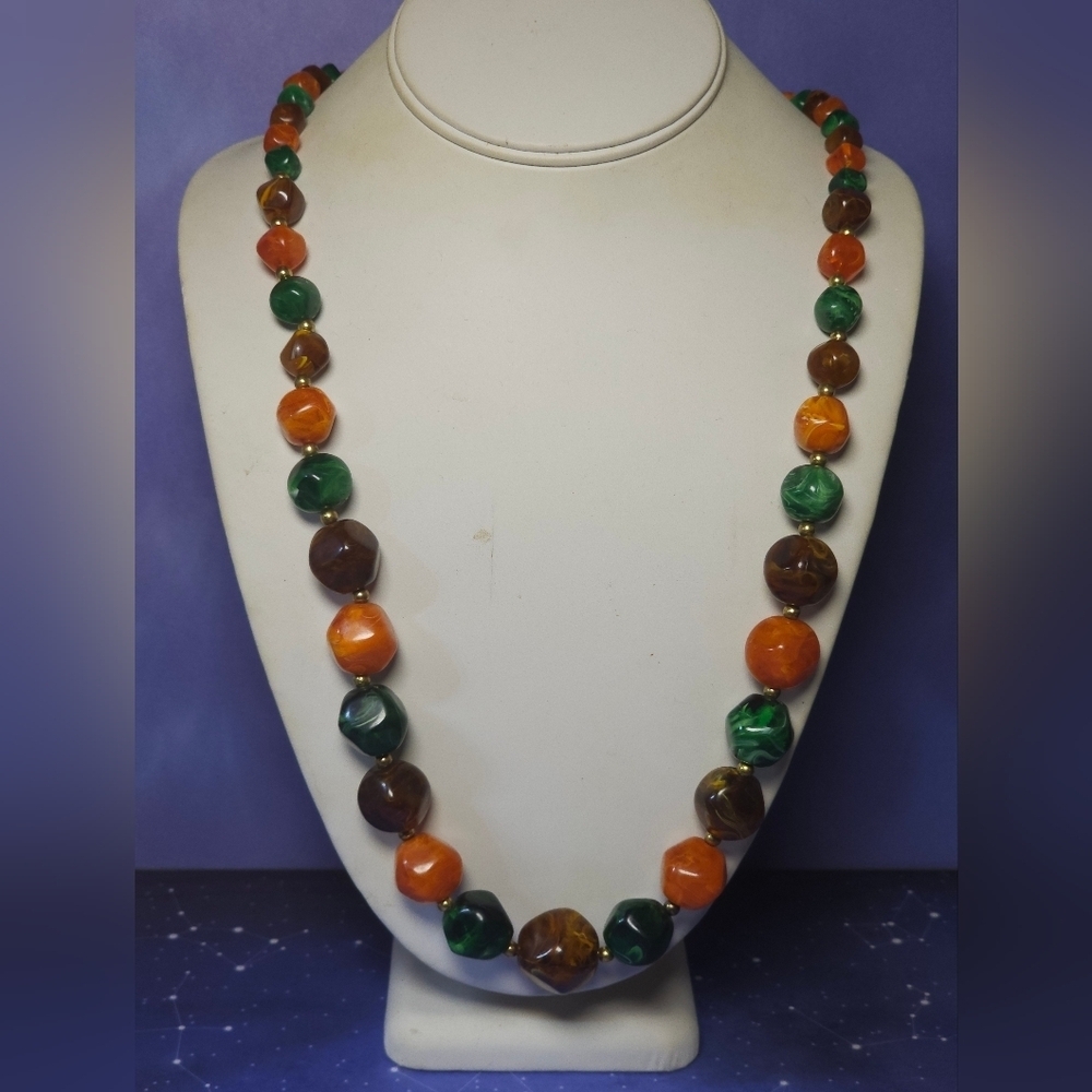 Vintage Pakula Chunk Lucite Beaded Double Strand Necklace Orange, Green Brown